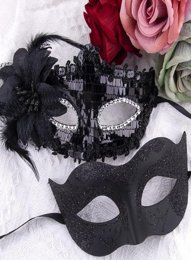 PATPAT® 2 Pack Black Masquerade Mask for Women & Men, Venetian Carnival Halloween Cosplay Party Mask, Couple Venetian Masks Sequin Face Cover Masks for Party Night Club Carnivals Masquerade Balls - Image 5